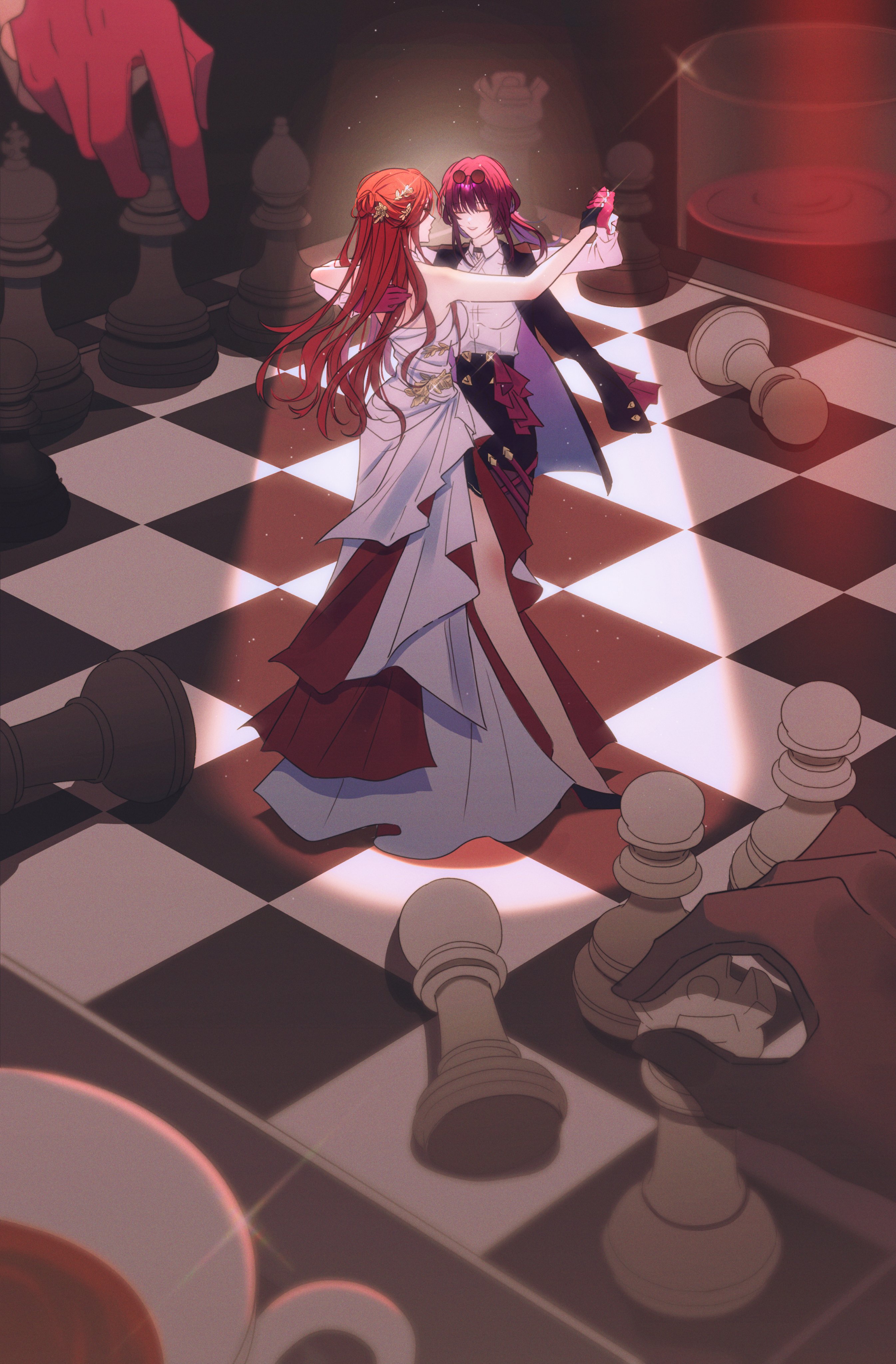 2girls absurdres black_gloves black_jacket black_shorts chess_piece chessboard closed_eyes commentary cup dancing dress eyewear_on_head glass gloves hashtag-only_commentary highres himeko_(honkai:_star_rail) honkai:_star_rail honkai_(series) jacket kafka_(honkai:_star_rail) long_hair mug multiple_girls pantyhose pawn_(chess) periwinkledusk purple_gloves purple_hair purple_pantyhose red_hair shorts sunglasses very_long_hair white_dress
