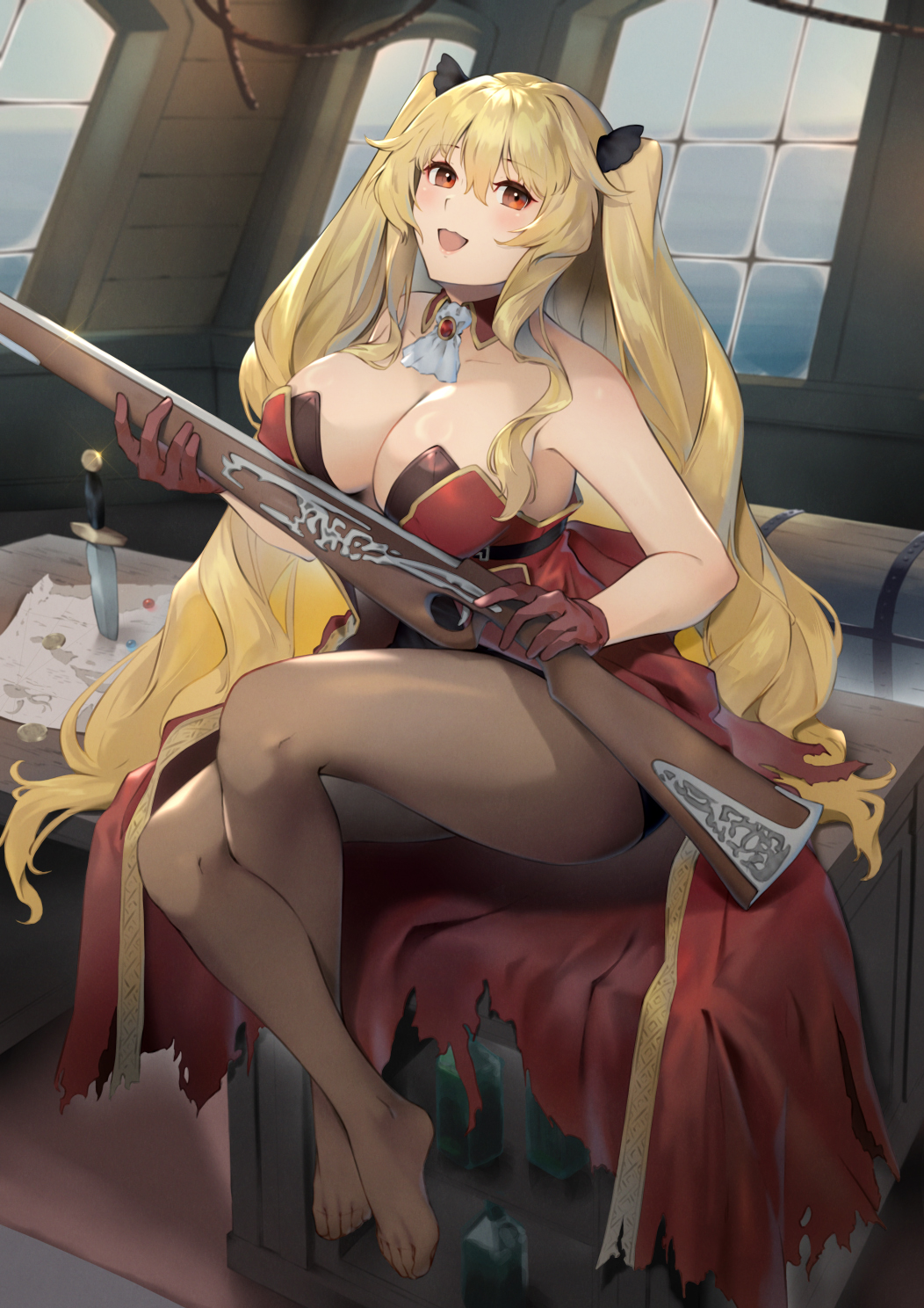 1girl anne_bonny_(fate) ascot bare_shoulders black_skirt blonde_hair blush breasts cleavage detached_collar dress fate/grand_order fate_(series) gun highres large_breasts long_hair looking_at_viewer nakaga_eri open_mouth pantyhose pencil_skirt red_dress red_eyes rifle skirt smile solo two_side_up weapon