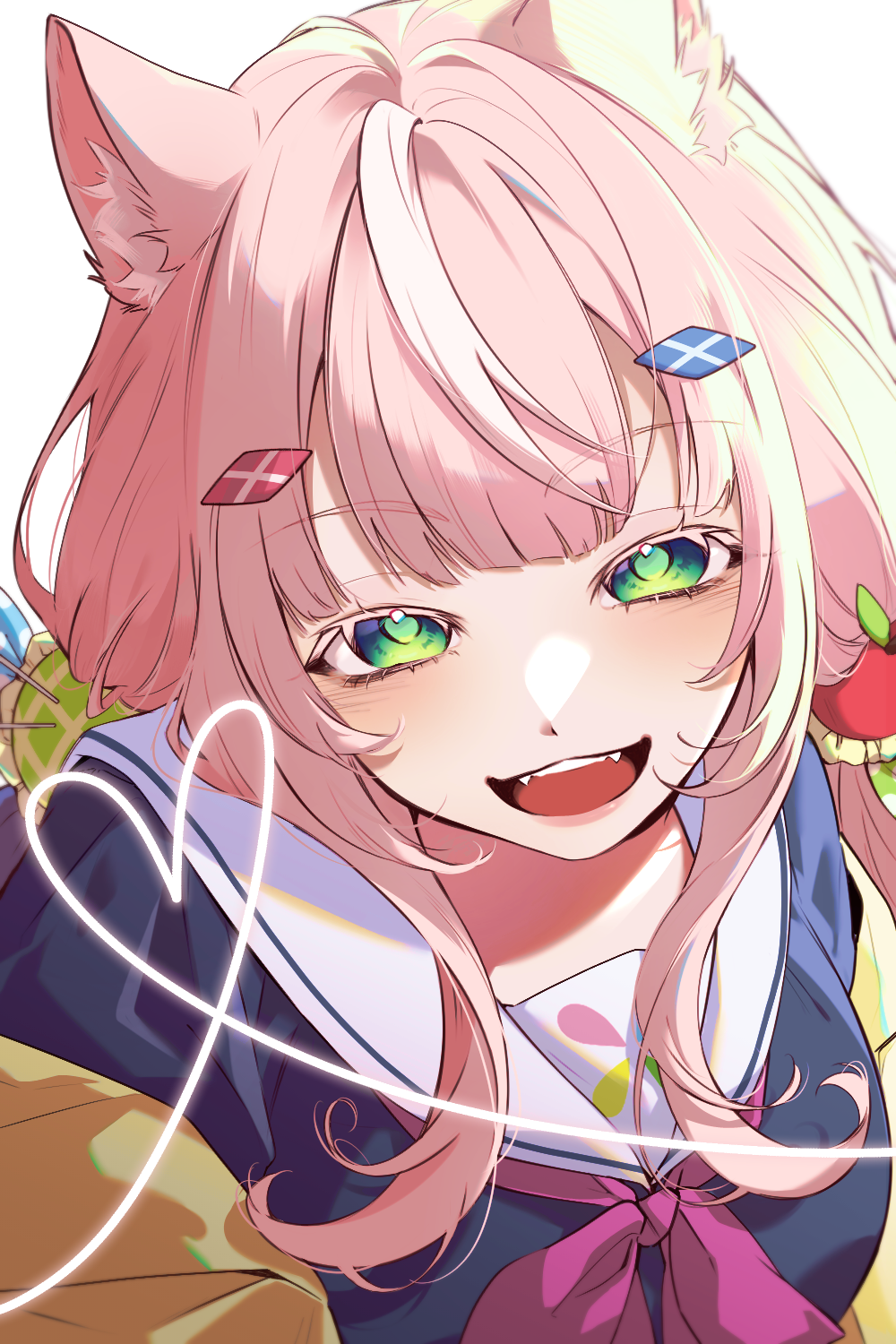 1girl animal_ears apple_hair_ornament blue_serafuku blush breasts cardigan cat_ears cat_girl commentary fangs food-themed_hair_ornament green_eyes hair_ornament hairclip heart highres long_hair looking_at_viewer mongmo multicolored_hair neckerchief nijisanji nijisanji_kr open_mouth pink_hair pink_lips pink_neckerchief pushpin sailor_collar school_uniform serafuku simple_background smile solo streaked_hair teeth twintails virtual_youtuber white_background white_sailor_collar yang_nari yang_nari_(1st_costume) yellow_cardigan