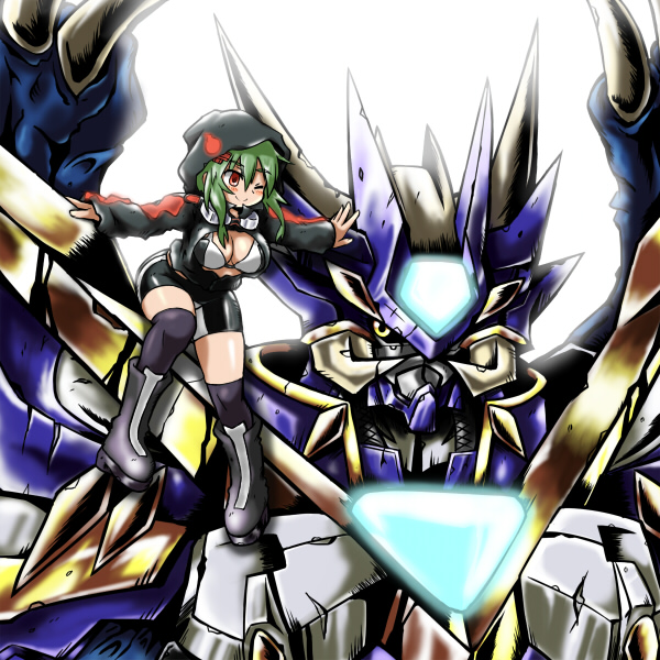 1girl bikini bikini_top_only breasts digimon digimon_(creature) goggles goggles_around_neck hood hoodie shinomiya_rina ulforcev-dramon ulforcev-dramon_x-antibody