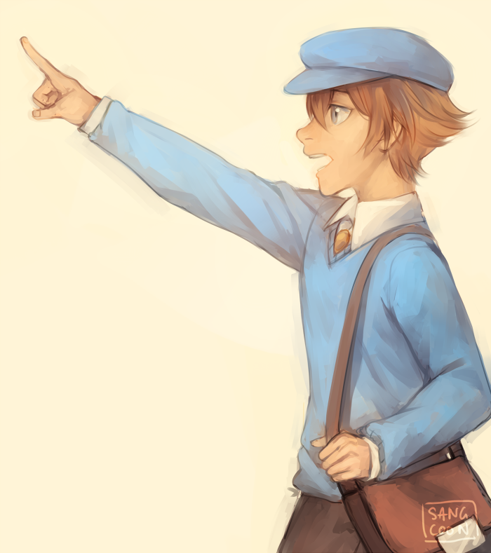 1boy artist_name bag bookbag brown_hair from_side grey_eyes hat luke_triton male_focus necktie open_mouth pointing professor_layton sangcoon signature solo sweater