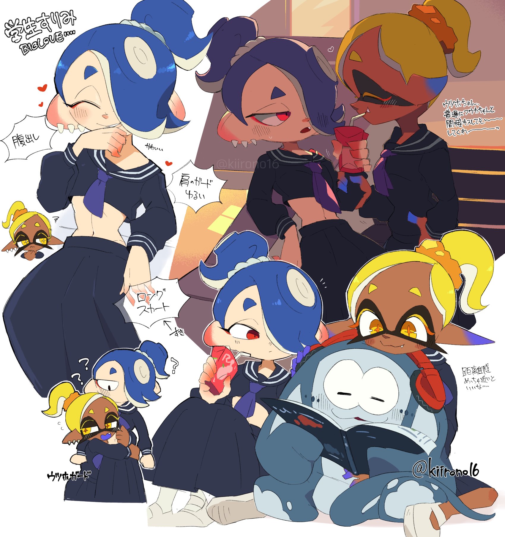 big_man_(splatoon) big_man_(young)_(splatoon) black_shirt black_skirt blonde_hair blue_hair book dark_skin ear_piercing frye_(splatoon) frye_(young)_(splatoon) highres kiirono long_skirt midriff nintendo piercing pointy_ears ponytail reading red_eyes school_uniform serafuku shirt shiver_(splatoon) shiver_(young)_(splatoon) skirt splatoon_(series) splatoon_3 yellow_eyes