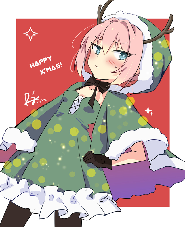 1girl alternate_costume antlers artist_logo black_gloves black_pantyhose blue_eyes cape capelet christmas dress frilled_dress frills fur-trimmed_cape fur_trim gloves green_cape green_dress green_hood hair_intakes hood hood_up hooded_capelet horns kantai_collection logo looking_at_viewer pantyhose pink_hair r-king reindeer_antlers shiranui_(kancolle) short_hair solo