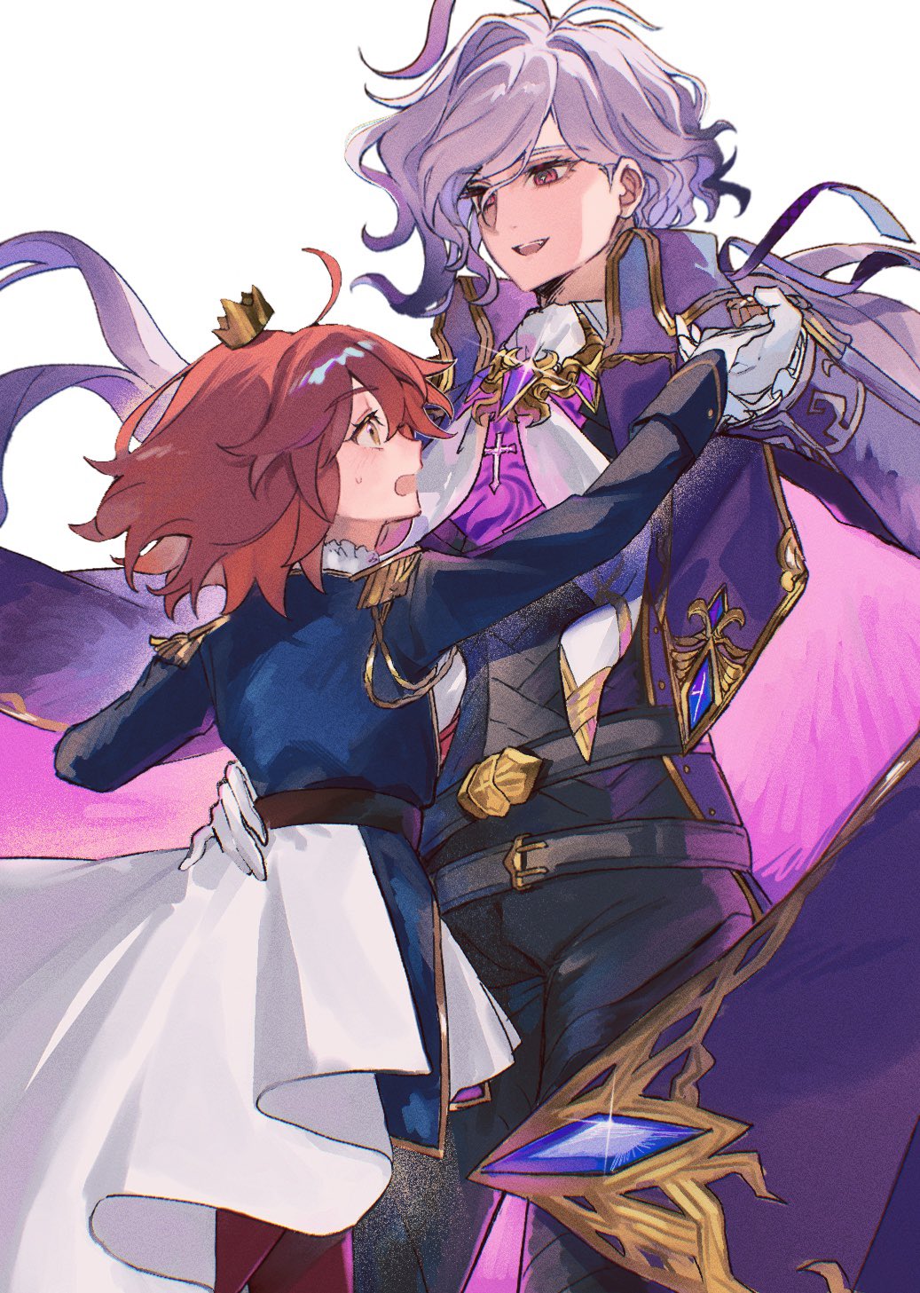 1boy 1girl ahoge aiguillette asymmetrical_dress belt belt_buckle black_belt black_hair black_pants black_ribbon blue_jacket bright_pupils brown_belt buckle cape cross cross-shaped_pupils cross_necklace crown dress edmond_dantes_(fate) epaulettes fate/grand_order fate_(series) film_grain frilled_sleeves frills fujimaru_ritsuka_(female) fujimaru_ritsuka_(female)_(halloween_royalty) glint gloves gradient_hair hair_ribbon hand_on_another&#039;s_waist hetero highres holding_hands jacket jewelry long_hair long_sleeves looking_at_another medium_hair mini_crown multicolored_hair neckerchief necklace official_alternate_costume open_mouth orange_hair pants ponytail purple_cape purple_hair red_eyes ribbon simple_background smile sweat symbol-shaped_pupils the_count_of_monte_cristo_(fate) the_count_of_monte_cristo_(second_ascension)_(fate) uxco0 very_long_hair white_background white_dress white_gloves white_neckerchief white_pupils yellow_eyes
