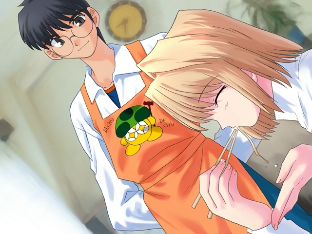 00s 1boy 1girl apron arcueid_brunestud black_hair blonde_hair chopsticks clock clothes_writing dutch_angle eating food game_cg glasses indoors kagetsu_tooya nasu_kinoko sweater takeuchi_takashi tohno_shiki tsukihime type-moon