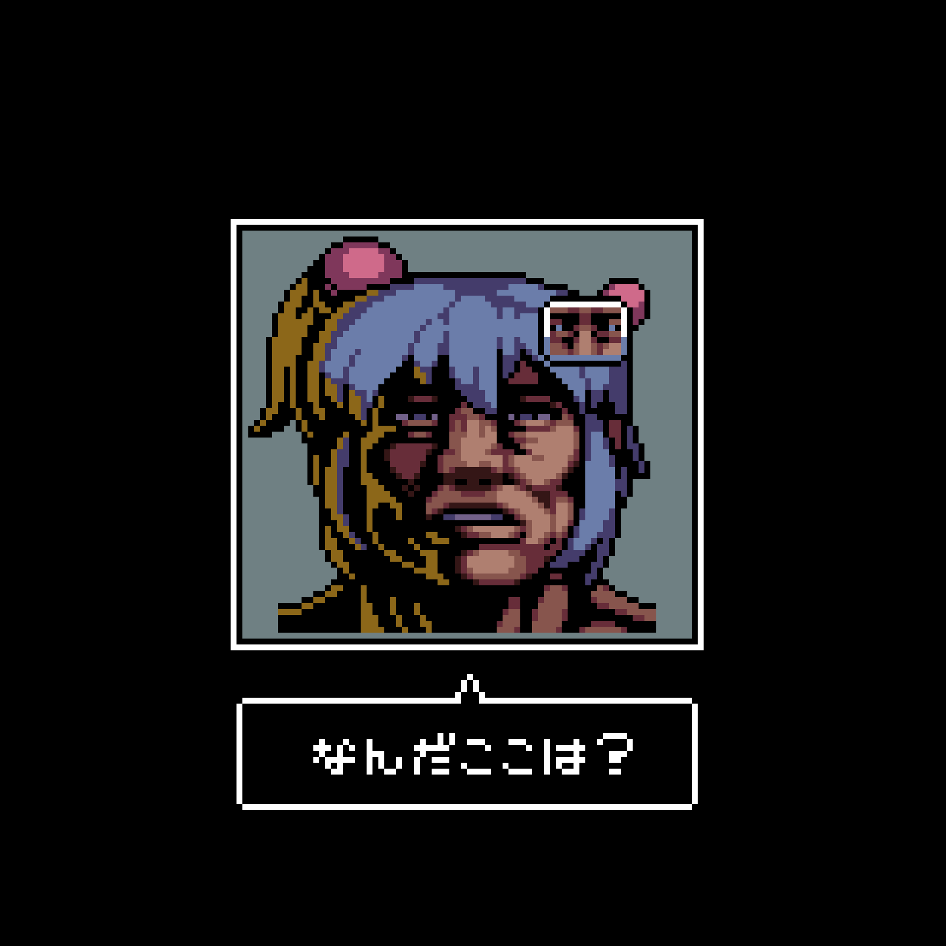 1girl black_border bombergirl bomberman border commentary_request contra grey_background grey_hair hair_bobbles hair_ornament highres looking_at_viewer man_face one_side_up parody pixel_art shiro_(bombergirl) short_hair simple_background solo super_contra tonchamon_san translation_request upper_body white_bomberman
