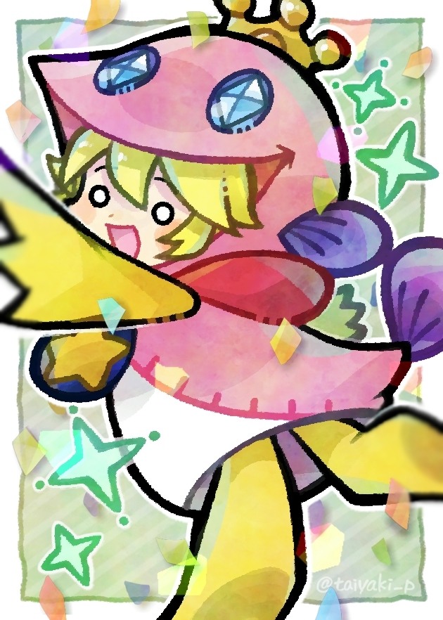 1boy blank_eyes blonde_hair blush_stickers border confetti cosplay crown doradorakingyo fish_costume looking_back male_focus mascot_costume ocean_prince ocean_prince_(cosplay) otomo_(puyopuyo) puyopuyo puyopuyo_fever puyopuyo_quest short_hair solo twitter_username white_border
