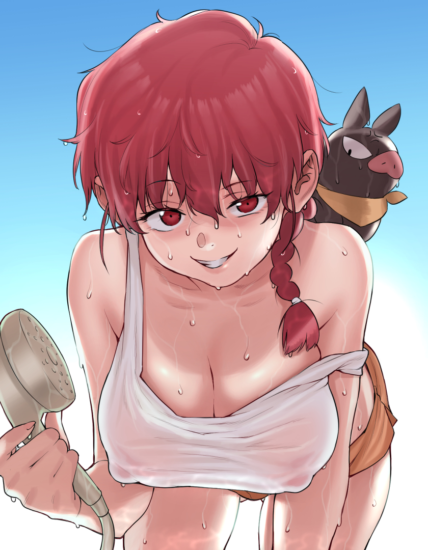 1girl anger_vein bare_shoulders braid breasts cleavage covered_erect_nipples grin kouya_toufu large_breasts long_hair looking_at_viewer off_shoulder p-chan ranma-chan ranma_1/2 red_eyes red_hair shorts shower_head smile solo tank_top wet wet_clothes