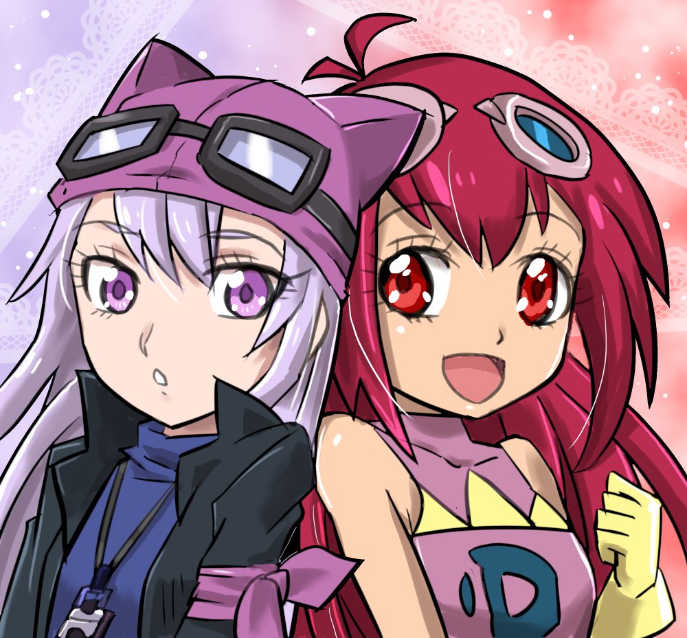 digimon digimon_story:_lost_evolution digimon_story:_sunburst_and_moonlight goggles goggles_on_head hat kizuna_(digimon) pink_hair purple_hair purple_hat sayo_(digimon) tagme
