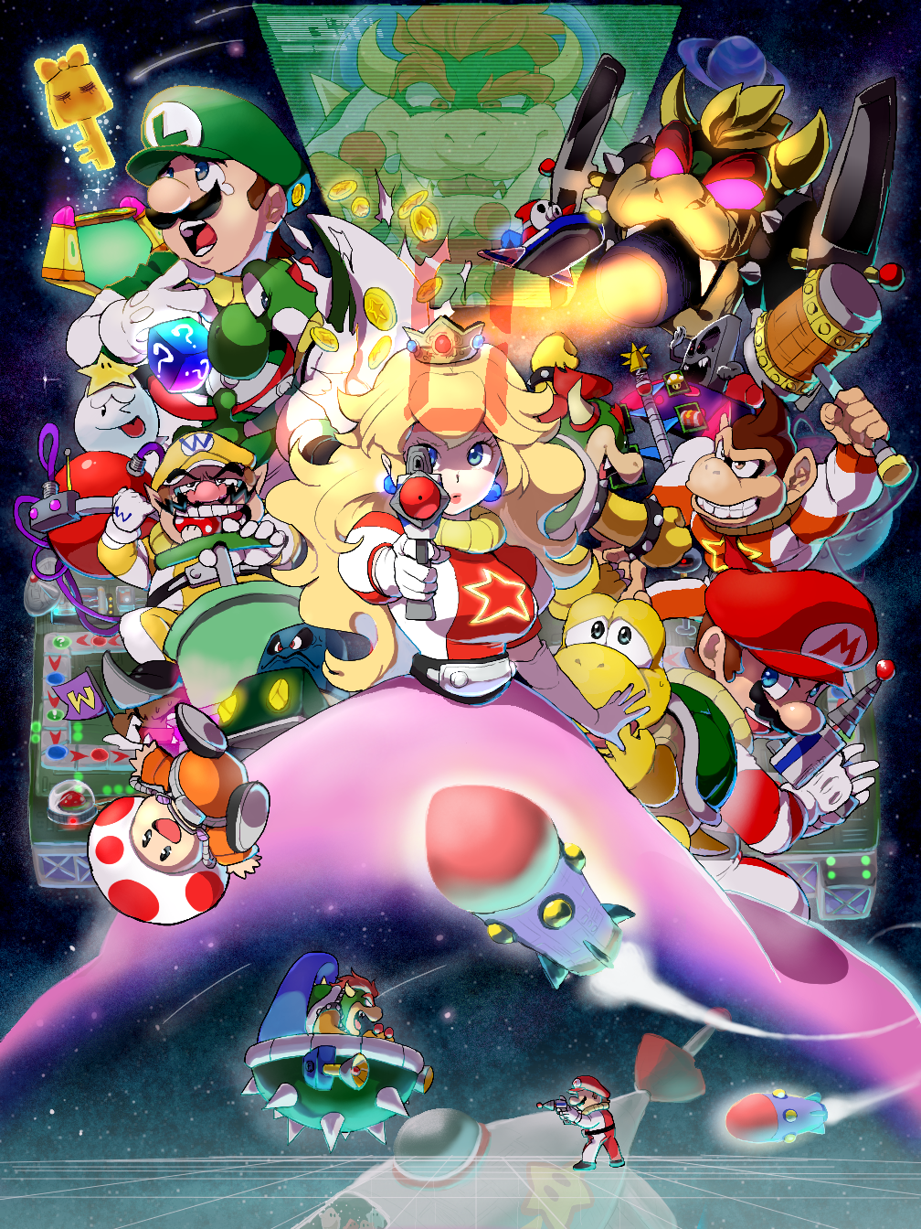 1girl 3boys ;p aircraft alternate_costume anger_vein block_(object) blonde_hair blue_eyes boo_(mario) bow bowser bracelet breasts brown_hair claws clenched_teeth closed_eyes coin controller crown crying cube donkey_kong dress earrings eating elbow_gloves energy_beam energy_cannon energy_gun everyone facial_hair fangs finger_on_trigger flag gloves goomba gorilla green_headwear gun hammer hat highres holding holding_gun holding_weapon holographic_interface hover_vehicle jewelry joystick key koopa_kid koopa_troopa long_hair long_tongue looking_at_viewer luigi mario mario_(series) mario_party mario_party_2 mario_party_ds mask medium_breasts multiple_boys mushroom mustache necktie nintendo nm_qi one_eye_closed open_mouth orange_eyes orange_hair pink_lips planet pointing pointing_at_viewer pointy_ears princess_peach puffy_short_sleeves puffy_sleeves pump raised_eyebrow ray_gun red_headwear rocket_ship satellite_dish saturn_(planet) science_fiction shooting_star short_sleeves skeleton_key_(mario) snifit space space_station spacecraft spiked_bracelet spikes star_(sky) star_(symbol) star_print super_mushroom sweatdrop teardrop teeth thwomp toad_(mario) tongue tongue_out wario weapon white_gloves whomp wink yellow_headwear yoshi