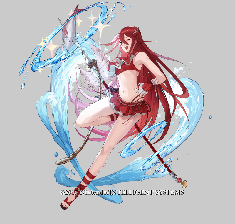 1girl armpits bare_shoulders bikini bikini_skirt breasts cordelia_(fire_emblem) cordelia_(knight_paradise)_(fire_emblem) fingerless_gloves fingernails fire_emblem fire_emblem_awakening fire_emblem_heroes fish full_body gloves hair_ornament high_heel_sandals high_heels holding holding_weapon leg_up long_hair looking_at_viewer mayo_(becky2006) navel nintendo official_art one_eye_closed open_mouth polearm red_eyes red_hair rope sandals sidelocks small_breasts smile solo sparkle spear swimsuit transparent_background very_long_hair water weapon