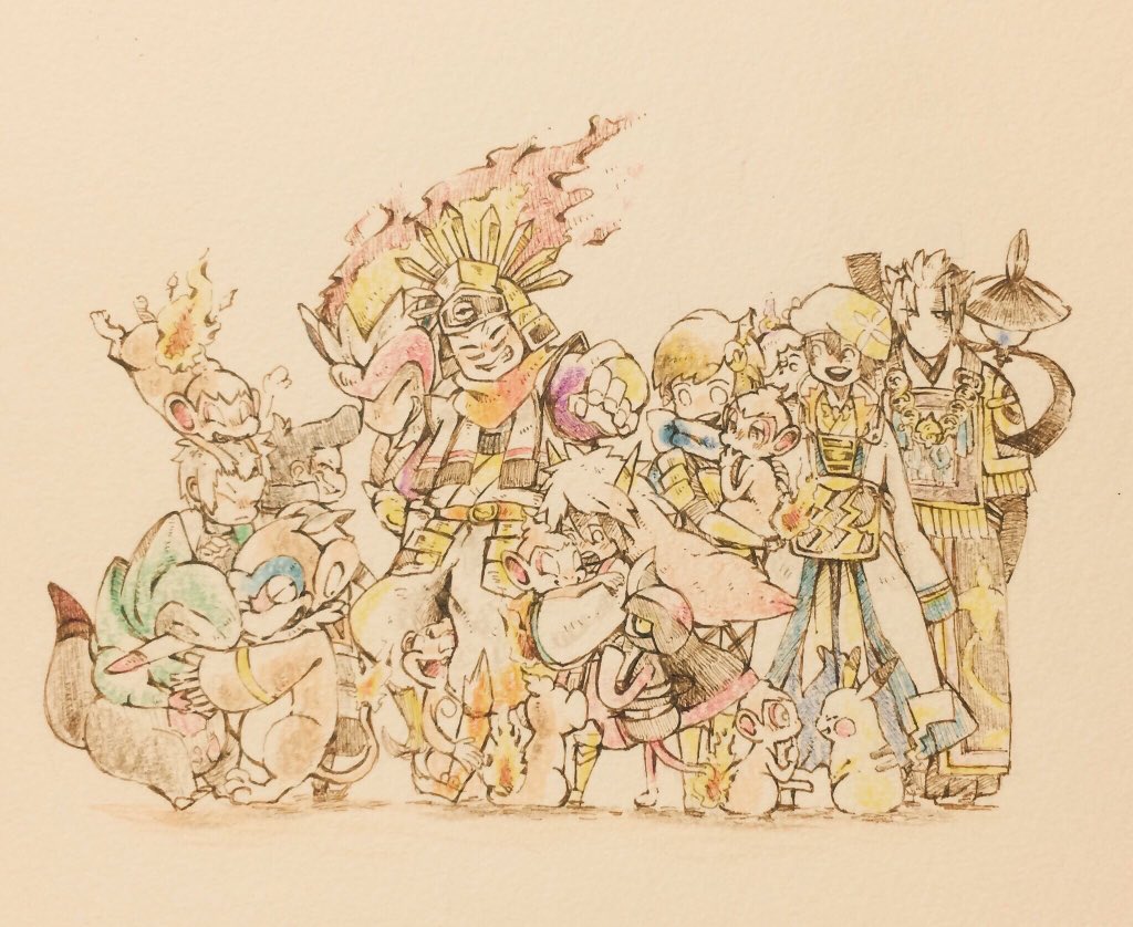 chimchar closed_eyes fraxure fukushima_masanori gen_1_pokemon gen_4_pokemon gen_5_pokemon holding holding_pokemon hug infernape ishida_mitsunari ishida_mitsunari_(sengoku_musou) japanese_clothes kato_kiyomasa kuroda_kanbei lampent litwick monferno nene nene_(sengoku_musou) nintendo on_head painting_(medium) pawniard pikachu pokemon pokemon_(creature) pokemon_conquest pokemon_on_head sengoku_musou smile takenaka_hanbei toyotomi_hideyoshi traditional_media watercolor_(medium)