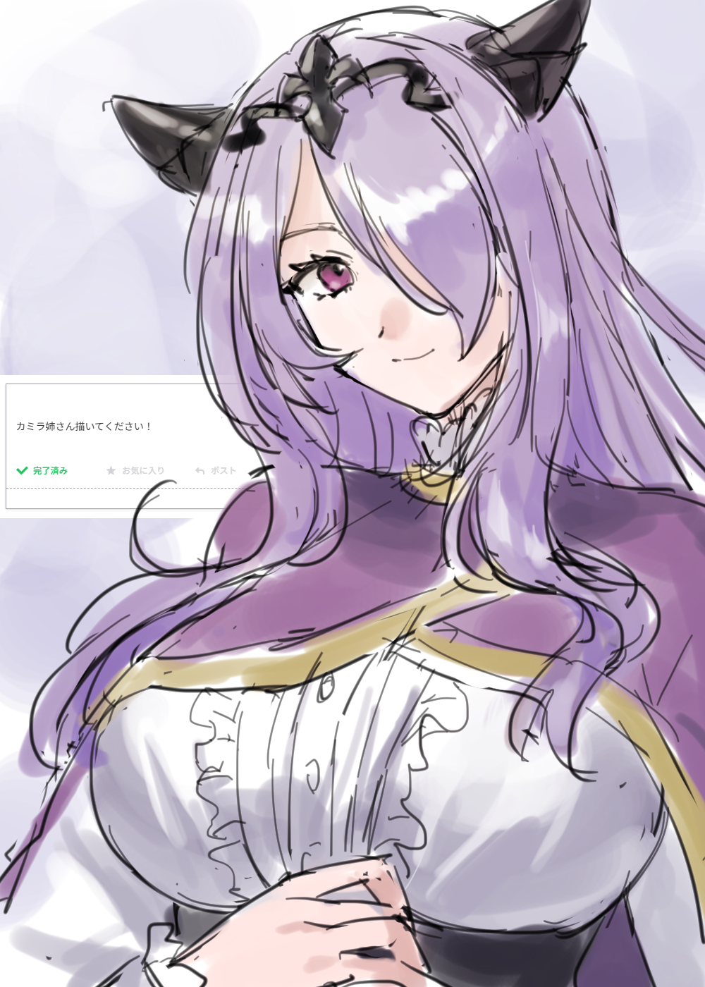1girl breasts camilla_(fire_emblem) camilla_(young_beauty)_(fire_emblem) closed_mouth fire_emblem fire_emblem_fates fire_emblem_heroes hair_over_one_eye hazuki_(nyorosuke) highres large_breasts light_smile looking_at_viewer nintendo purple_eyes purple_hair wavy_hair