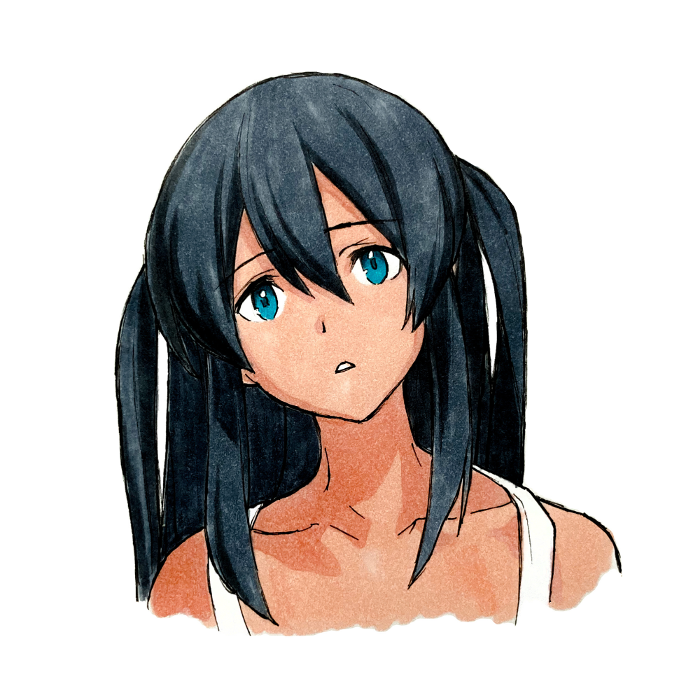 1girl bare_shoulders black_hair blue_eyes captain_earth collarbone dark-skinned_female dark_skin dress hair_between_eyes long_hair looking_at_viewer love_helix mutou_hana open_mouth painting_(medium) parted_lips portrait solo traditional_media twintails watercolor_(medium) white_background
