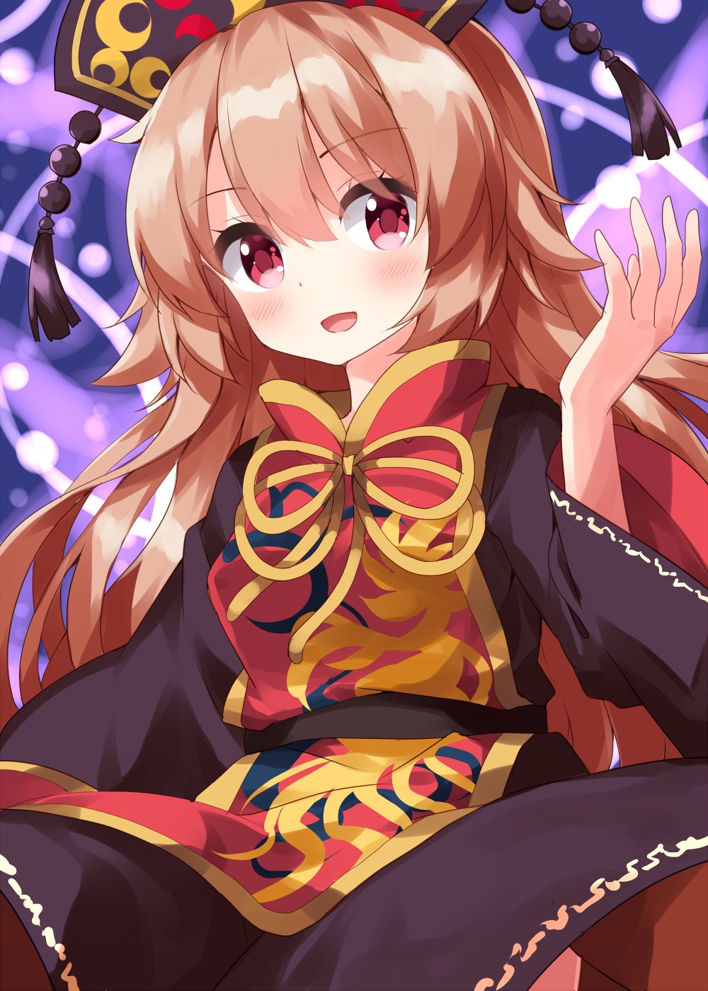 1girl blonde_hair chinese_clothes closed_eyes cowboy_shot crescent happy highres junko_(touhou) long_hair one-hour_drawing_challenge open_mouth phoenix_crown pom_pom_(clothes) red_nails red_tabard ruu_(tksymkw) simple_background solo tabard tassel touhou very_long_hair white_background yellow_tabard