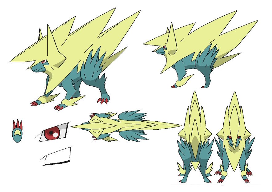 animal_focus claws closed_mouth full_body gen_3_pokemon looking_back manectric mega_manectric mega_pokemon multiple_views nintendo no_humans official_art pokemon pokemon_(creature) red_eyes reference_sheet spikes standing