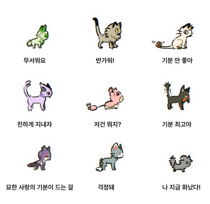 black_eyes cat claws commentary_request espeon espurr from_side galarian_form galarian_meowth gen_1_pokemon gen_2_pokemon gen_3_pokemon gen_4_pokemon gen_5_pokemon gen_6_pokemon gen_7_pokemon gen_8_pokemon glameow korean_commentary korean_text litten majyo_(witch_poke) meowth nintendo no_humans pokemon pokemon_(creature) pokemon_focus purrloin simple_background sitting skitty sprigatito standing translation_request white_background
