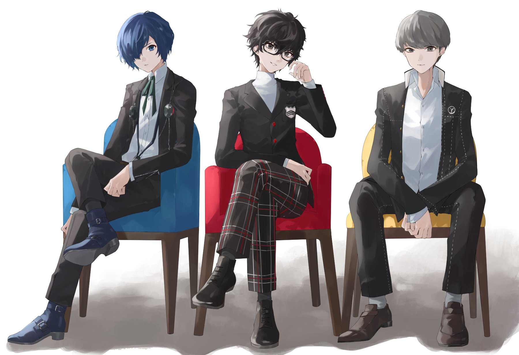 3boys amamiya_ren black_footwear black_hair black_jacket black_pants blue_eyes blue_hair closed_mouth collared_shirt commentary_request crossed_legs digital_media_player earphones_removed full_body gekkoukan_high_school_uniform glasses grey_hair hair_over_one_eye highres jacket konchi_(63438789) long_sleeves looking_at_viewer male_focus messy_hair multiple_boys narukami_yu neck_ribbon open_clothes open_jacket pants parted_lips persona persona_3 persona_4 persona_5 ribbon school_uniform shirt short_hair shuujin_academy_school_uniform sitting socks sweater turtleneck turtleneck_sweater white_shirt white_socks white_sweater yasogami_school_uniform yuuki_makoto_(persona_3)