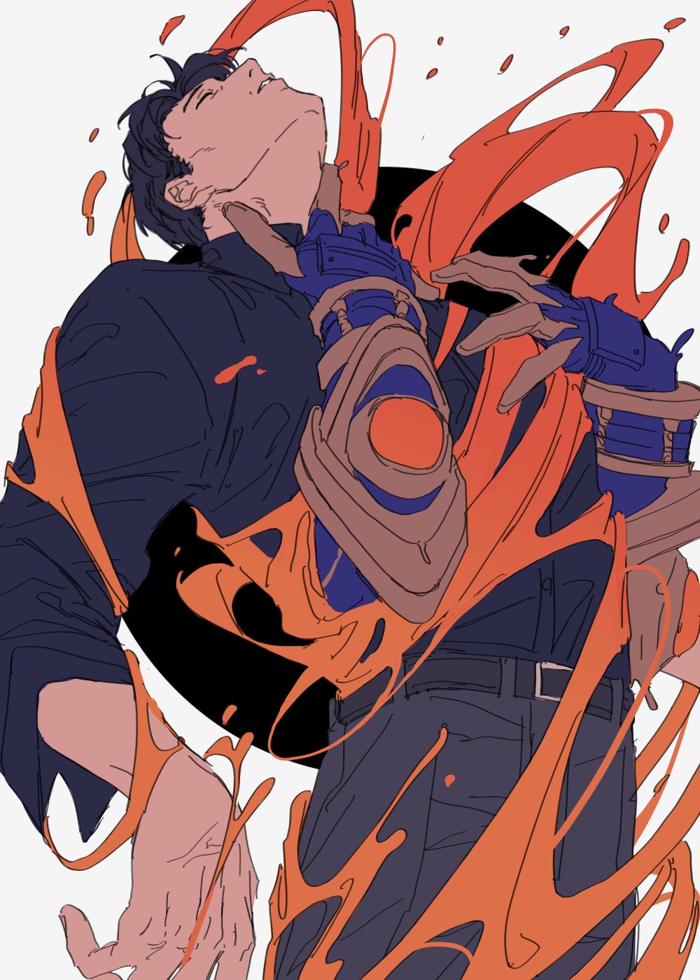 alien armor armored_gloves bbbb_fex black_hair choke_hold collared_shirt evol_driver gloves gold_armor highres isurugi_souichi kamen_rider kamen_rider_build_(series) kamen_rider_evol long_sleeves male_focus multiple_boys ooze pants possessed possession science_fiction shirt short_hair strangling tokusatsu transformation