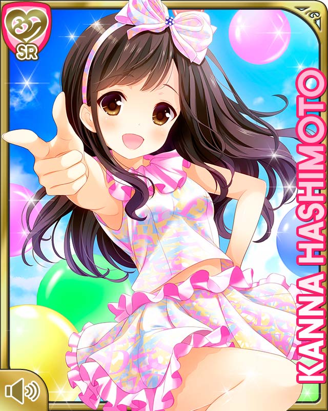 1girl balloon blue_background bow brown_eyes brown_hair card character_name day dress female_focus frills girlfriend_(kari) hand_on_own_hip hashimoto_kanna headband leg_up official_art open_mouth outdoors pink_bow pink_dress pointing pointing_at_viewer qp:flapper shirt smile solo standing tagme white_shirt