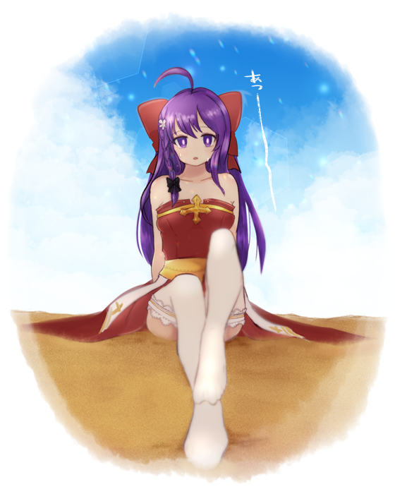 1girl ahoge arch_bishop_(ragnarok_online) black_bow bow braid breasts commentary_request cross dress frilled_thighhighs frills full_body hair_bow long_hair looking_at_viewer medium_breasts no_shoes open_mouth pochiko_(poteko) purple_eyes purple_hair ragnarok_online red_bow red_dress sash side_braid single_braid solo strapless strapless_dress thighhighs white_thighhighs yellow_sash
