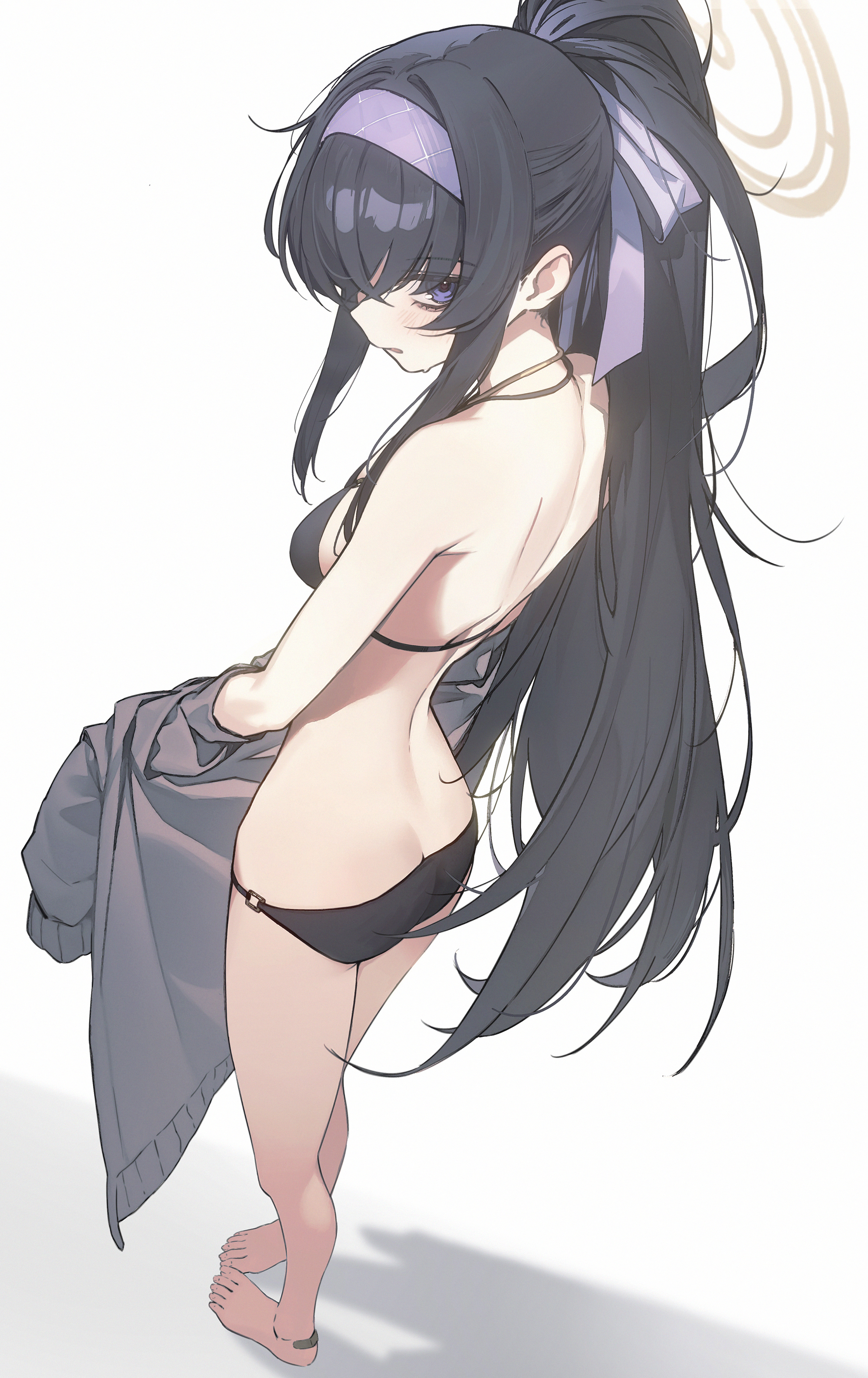 1girl absurdres ass back bare_shoulders barefoot bikini black_bikini blue_archive breasts brown_halo butt_crack cardigan drive_shot full_body grey_cardigan hairband halo highres jewelry long_hair looking_at_viewer medium_breasts necklace o-ring o-ring_bikini o-ring_bottom official_alternate_costume official_alternate_hairstyle ponytail purple_eyes purple_hairband revision simple_background solo standing swimsuit toes ui_(blue_archive) ui_(swimsuit)_(blue_archive) white_background