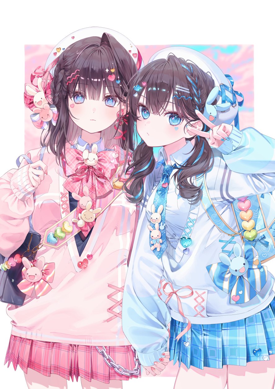 2girls a20_(atsumaru) black_bag black_hair blue_eyes blue_nails blue_skirt blush chain closed_mouth commentary_request cowboy_shot hair_ornament hairclip hand_up hat heart heart_hair_ornament highres holding_hands long_hair long_sleeves miniskirt multiple_girls nail_polish original pink_skirt pleated_skirt skirt v