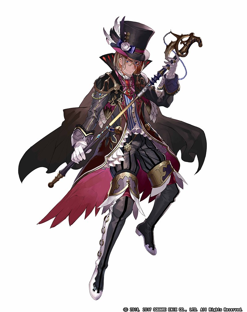 1boy arsene_lupin_(grimms_notes) black_hat blue_eyes brown_hair cape copyright_notice gaou_(umaiyo_puyoman) gloves grimms_notes hat holding holding_staff holding_weapon monocle official_alternate_costume official_art simple_background smile staff weapon white_background white_gloves