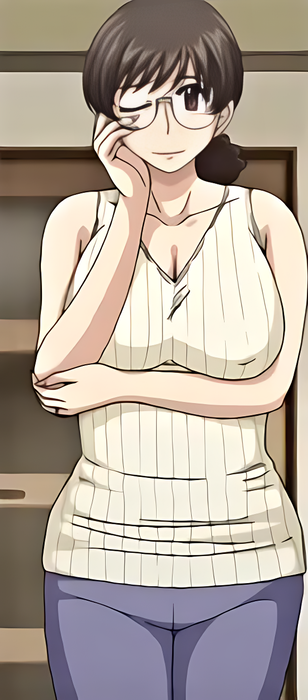 1girl 2020 20s breasts curly_hair glasses hitozuma_mitsu_to_niku housewife large_breasts mature_female obasan_(hitozuma_mitsu_to_niku) one_eye_closed ponytail queen_bee_(animation_studio) standing tagme vest