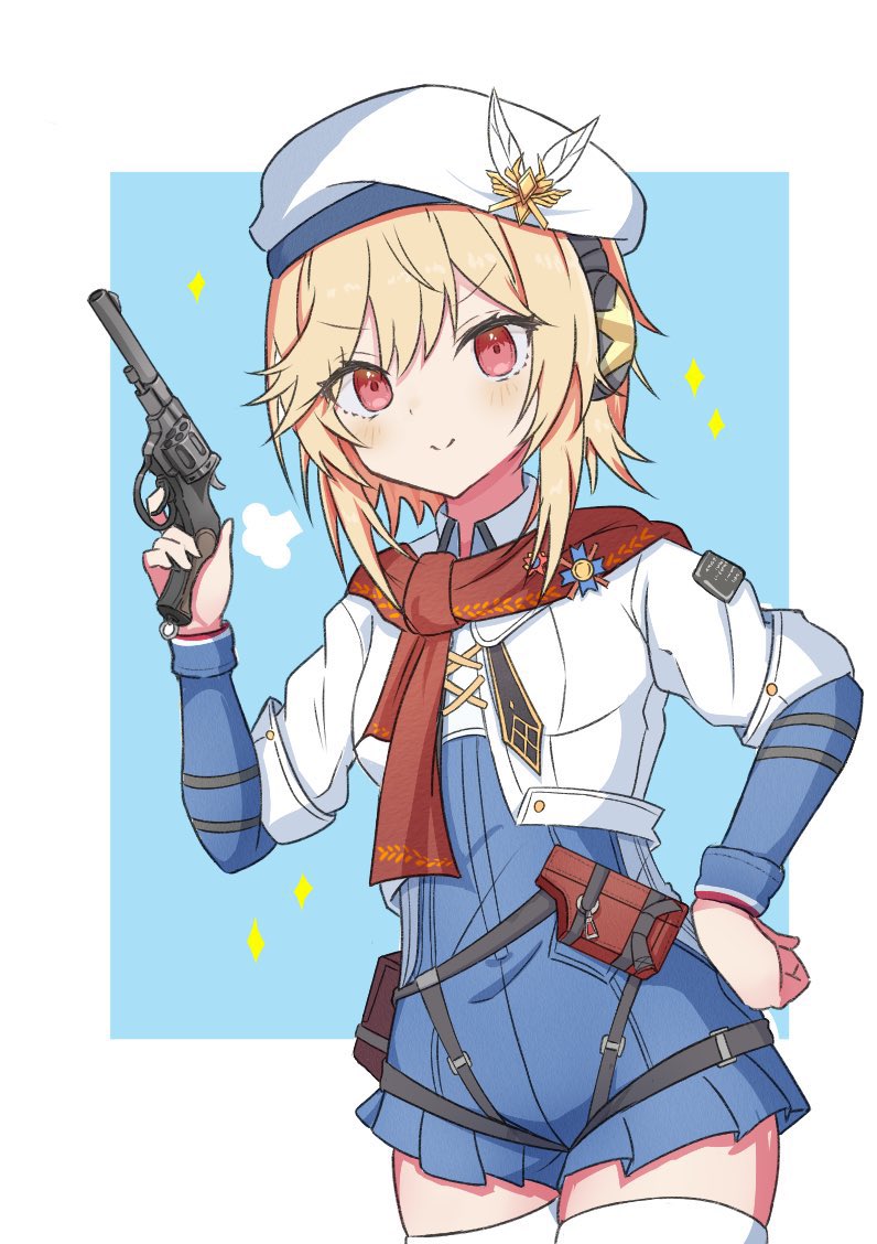 badge beret black_neckerchief blonde_hair blue_jumpsuit breasts finger_on_trigger gas-seal_revolver girls&#039;_frontline girls&#039;_frontline_2:_exilium gun hand_on_own_hip hand_up handgun hat hat_feather headphones holding holding_weapon holster inofuchi jacket jumpsuit long_sleeves looking_at_viewer medium_hair nagant_(girls&#039;_frontline_2) nagant_m1895 nagant_revolver_(girls&#039;_frontline) neckerchief pouch red_eyes red_scarf revolver scarf small_breasts smile sparkle strap thighhighs two-tone_jumpsuit weapon white_jacket white_thighhighs