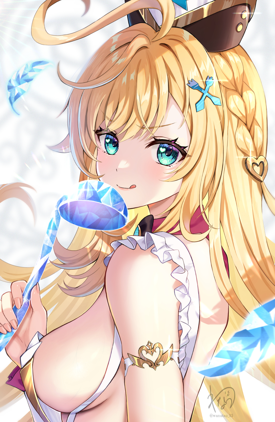 1girl :q aqua_eyes artist_name bare_shoulders blonde_hair blurry blurry_background braid breasts commentary cowlick dress escoffier_(genshin_impact) fork_hair_ornament frilled_dress frills from_side genshin_impact glint hair_between_eyes hand_up hat heart heart_in_eye highres holding holding_ladle ladle long_hair looking_at_viewer medium_breasts side_braid sideboob sidelocks signature solo symbol_in_eye tongue tongue_out turning_head upper_body very_long_hair wanatsu_15 white_background white_dress