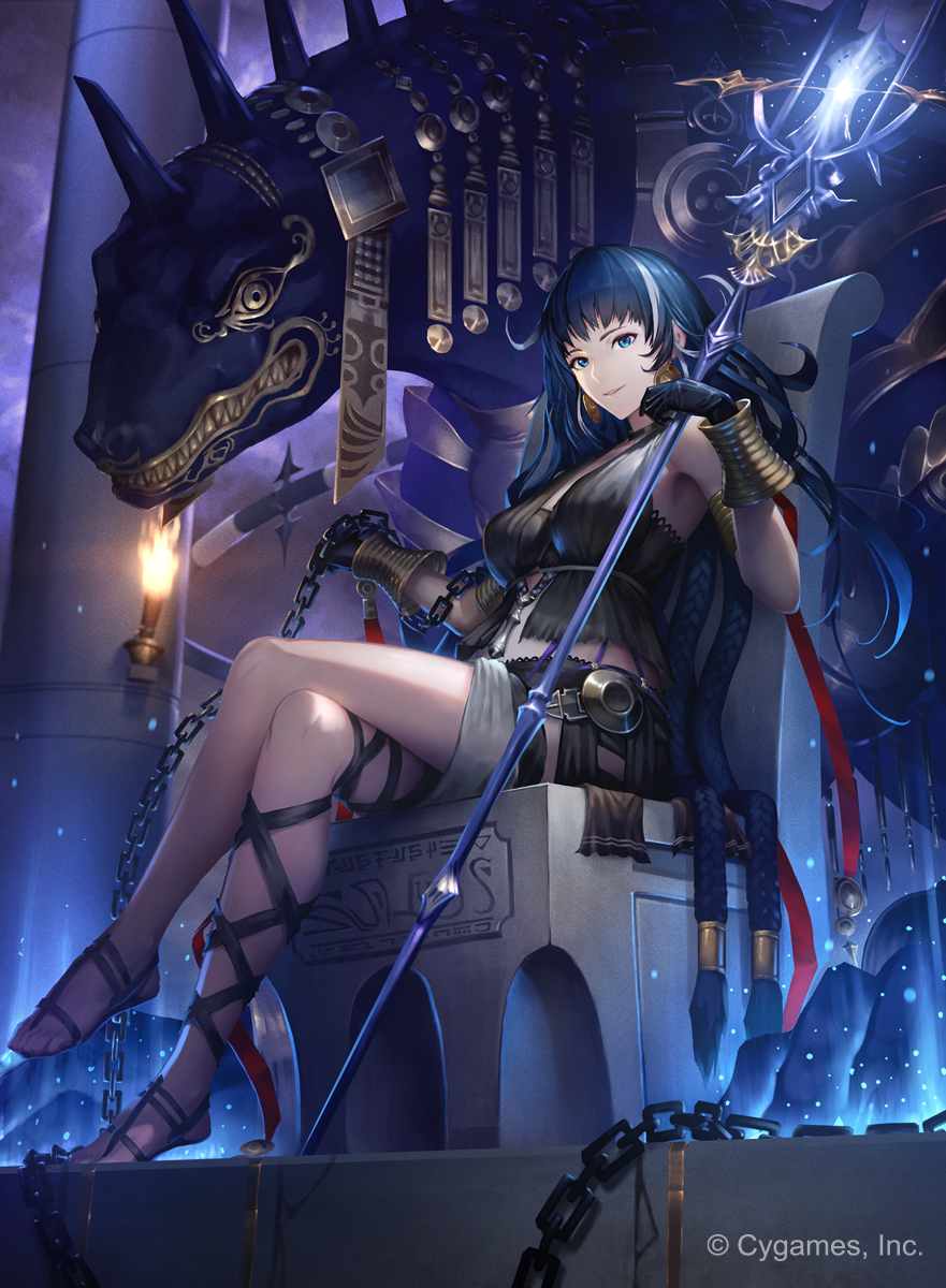 1girl armpits black_gloves black_shirt blue_eyes blue_hair breasts chain column commentary_request company_name crop_top crossed_legs from_below full_body gloves highres holding holding_staff indoors kazashino_miyabi large_breasts long_hair looking_at_viewer magic official_art parted_lips pillar prime_dragon_keeper_(shadowverse) sandals shadowverse shadowverse_evolve shirt sitting sitting_on_throne smirk solo staff toes