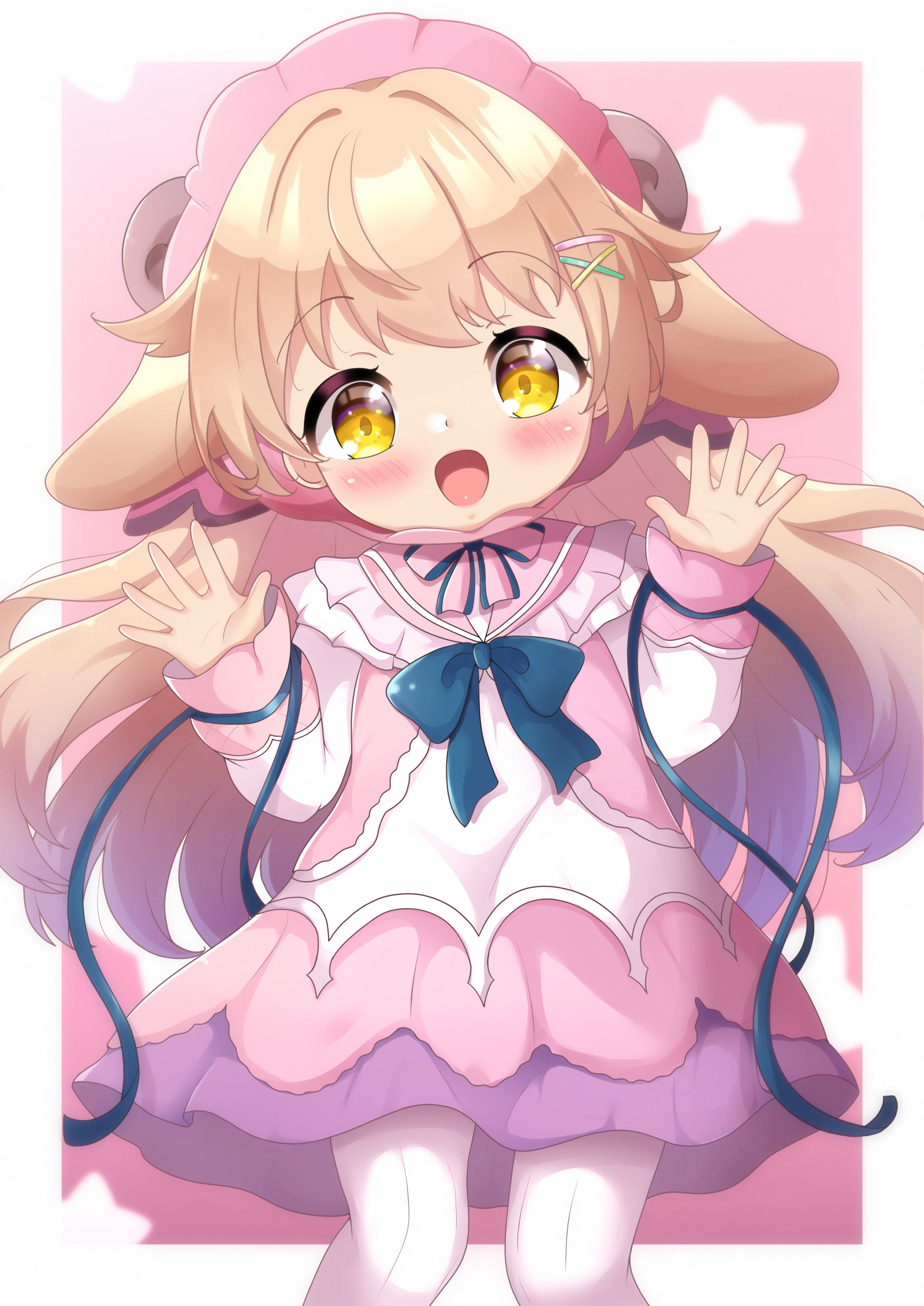 1girl :d blush border bow brown_hair child cowboy_shot dress hands_up highres horns long_hair long_sleeves looking_at_viewer nanahira open_mouth palms sheep_girl sheep_horns smile solo star_(symbol) utaite white_border yellow_eyes zendamu