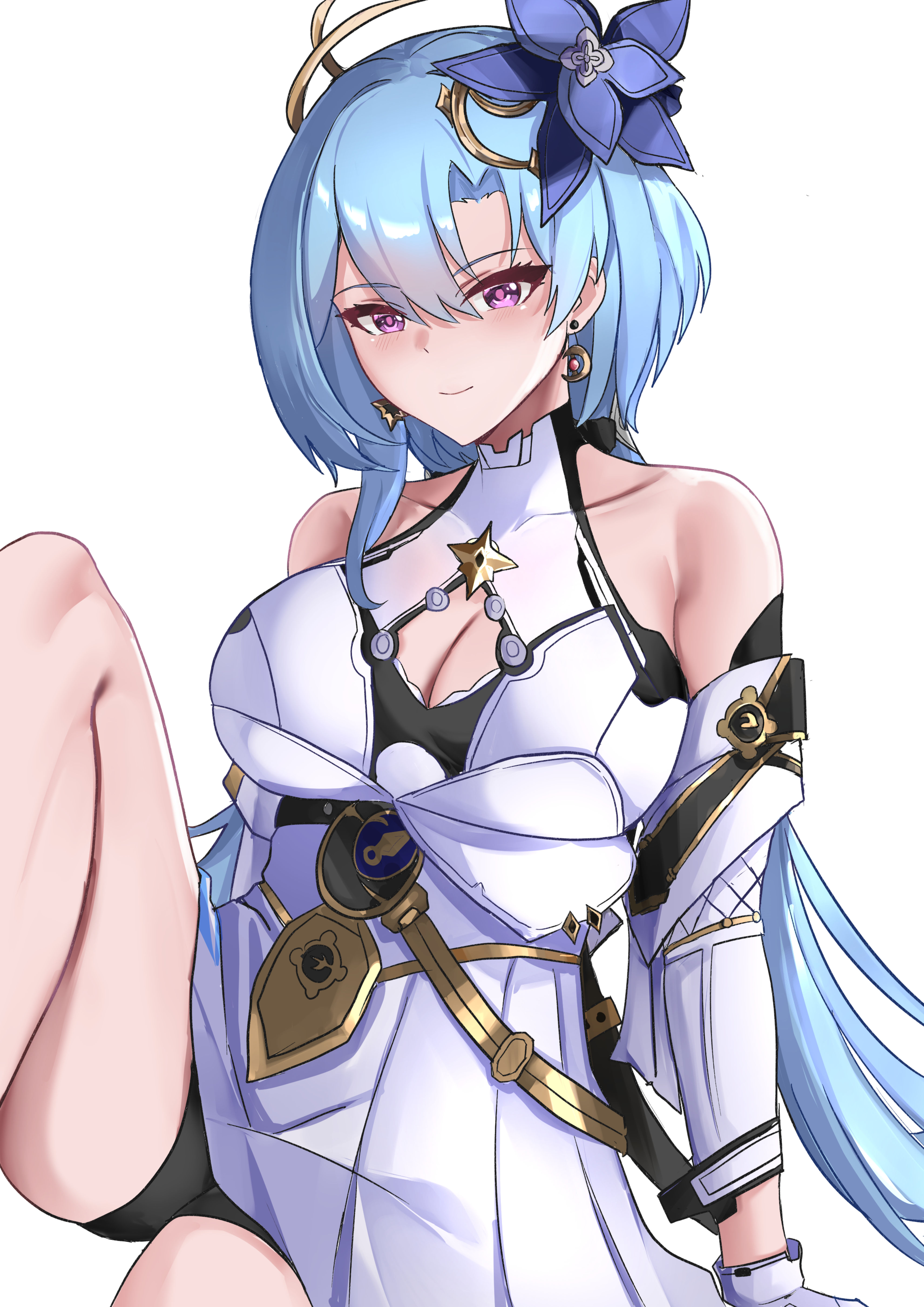 1girl absurdres bare_shoulders black_shorts blue_flower blue_hair breasts cleavage cleavage_cutout closed_mouth clothing_cutout dress earrings flower griseo griseo_(cosmic_expression) hair_flower hair_ornament highres honkai_(series) honkai_impact_3rd indoors jewelry large_breasts long_hair looking_at_viewer shorts simple_background smile solo tian_kazuki twintails very_long_hair white_background white_dress white_sleeves