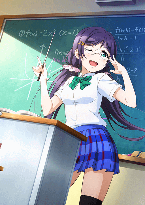 1girl ;d adjusting_eyewear anime_coloring bespectacled black_socks black_thighhighs blush board_eraser book bow bowtie breasts chalk chalkboard classroom cowboy_shot desk diagonal-striped_bow diagonal-striped_bowtie diagonal-striped_clothes doyagao dress_shirt dutch_angle from_below glasses green_bow green_bowtie green_eyes hair_ornament hair_scrunchie hairpin hands_up holding holding_pointer index_finger_raised indoors large_breasts long_hair looking_at_viewer looking_to_the_side love_live! love_live!_school_idol_festival love_live!_school_idol_project low_twintails math miniskirt multiple_hairpins official_art one_eye_closed open_book open_mouth otonokizaka_school_uniform pink_scrunchie plaid_clothes plaid_skirt pleated_skirt pointer purple_hair school school_uniform scrunchie shirt short_sleeves skirt smile smug socks solo standing striped_clothes teacher thighhighs tojo_nozomi twintails v-shaped_eyebrows white_shirt