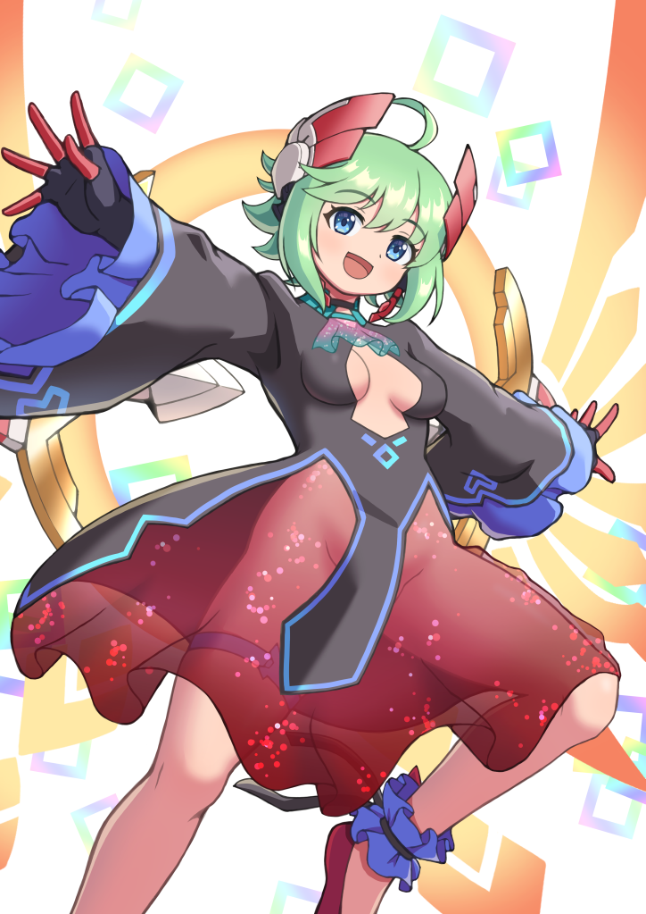 1girl azure_striker_gunvolt black_dress breasts card-en-ciel cleavage cleavage_cutout clothing_cutout cosplay dress green_eyes gunvolt_chronicles_luminous_avenger_ix inumaru75707951 no_panties red_dress rita_(card-en-ciel) rita_(card-en-ciel)_(cosplay) roro_(gunvolt) see-through_clothes see-through_dress simple_background small_breasts solo white_background