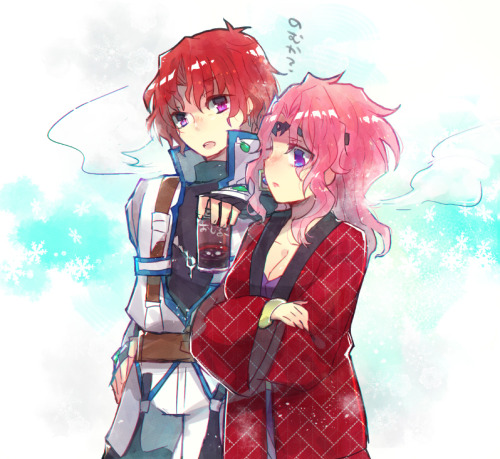 1boy 1girl axel_almer coat drink gloves hair_ornament lemon_browning long_hair lowres nunuko_(mu661129) pink_hair purple_eyes red_hair simple_background snowflakes super_robot_wars super_robot_wars_advance super_robot_wars_advance_portable super_robot_wars_original_generation