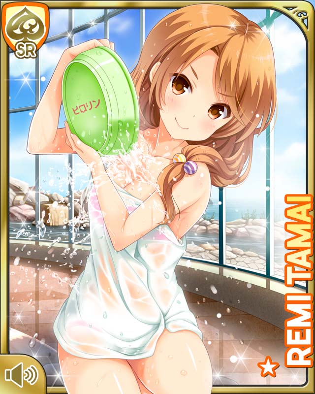 1girl bare_arms bare_legs barefoot bow brown_eyes brown_hair card_(medium) closed_mouth day girlfriend_(kari) indoors looking_at_viewer low_twintails official_art pouring pouring_onto_self qp:flapper smile solo spa tagme tamai_remi tanabata towel twintails v-shaped_eyebrows