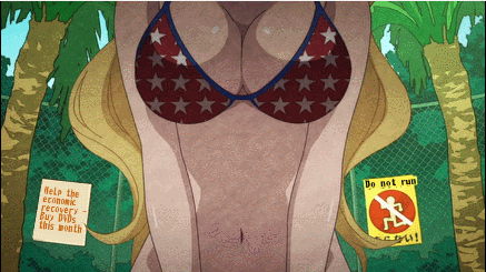 +_+ 00s 1girl animated animated_gif bikini blonde_hair blue_eyes bouncing_breasts breasts cleavage dog kimura_kaere large_breasts long_hair lowres puppy sayonara_zetsubou_sensei subtitled swimsuit
