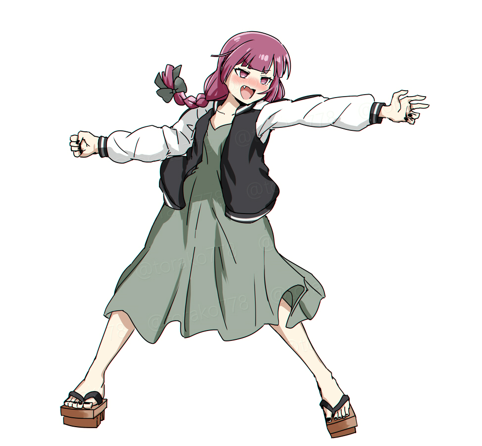 1girl black_jacket commentary dress fighting_game full_body geta green_dress hiroi_kikuri jacket melty_blood open_clothes open_jacket purple_hair simple_background solo standing torako_(toramaru) tsukihime white_background yumizuka_satsuki