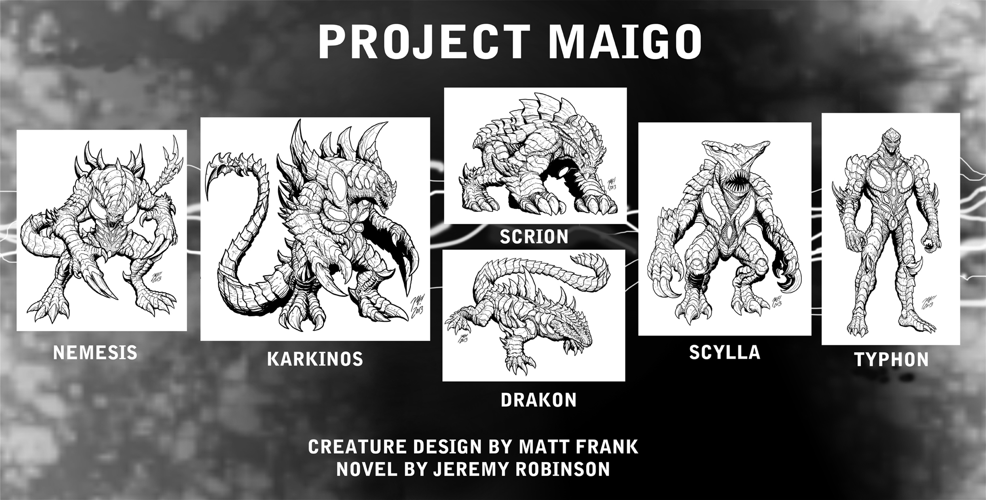 claws commentary crossover drakon_(project_maigo) english_commentary giant giant_monster highres jaw kaiju karkinos_(project_maigo) long_tail matt_frank monster nemesis_(project_nemesis) nemesis_saga no_humans open_mouth project_731 project_maigo project_nemesis scrion_(project_maigo) scylla_(project_maigo) sharp_teeth spines tail teeth typhon_(project_maigo)