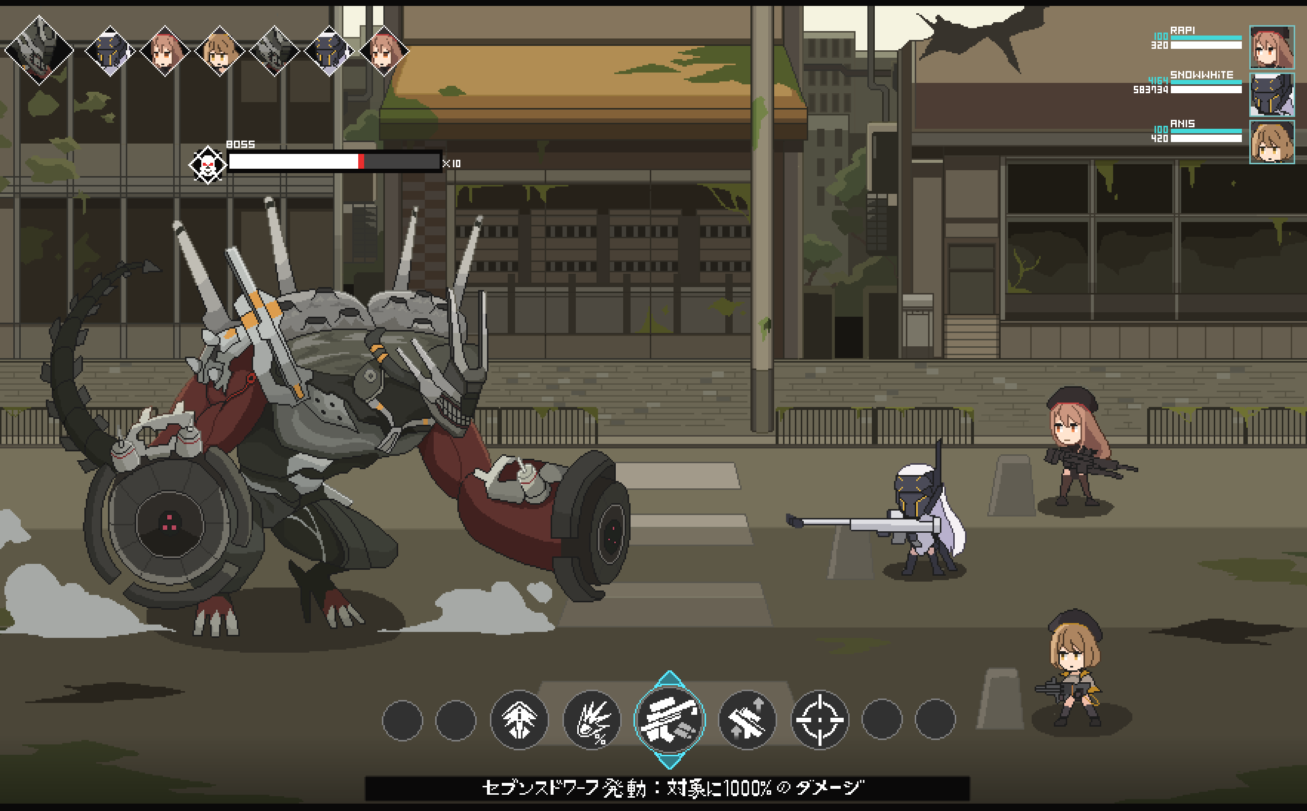 1other 3girls anis_(nikke) brown_hair chatterbox_(nikke) chibi cloak fighting goddess_of_victory:_nikke highres holding holding_weapon long_hair mechanical_tail multiple_girls non-humanoid_robot rapi_(nikke) rapture_(nikke) robot ruins sealssugiyama short_hair snow_white_(nikke) tail visor_(armor) weapon white_cloak white_hair