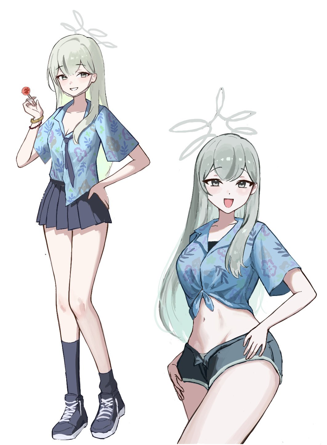 1girl black_necktie blue_archive blue_shirt grey_eyes grey_hair grey_halo halo hawaiian_shirt highres konoka_(blue_archive) mask mouth_mask navel necktie shirt simple_background skirt solo white_background white_mask yamisroot