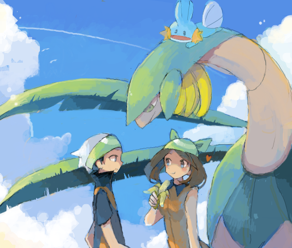 1boy 1girl banana bandana black_hair blue_eyes brendan_(pokemon) brendan_(pokemon_emerald) brown_hair cloud day dress eating food fruit gen_3_pokemon hat holding holding_food holding_fruit may_(pokemon) may_(pokemon_emerald) mudkip nintendo orange_dress pokemon pokemon_(creature) pokemon_rse ririchp short_hair sky sleeveless sleeveless_dress tropius wing_collar