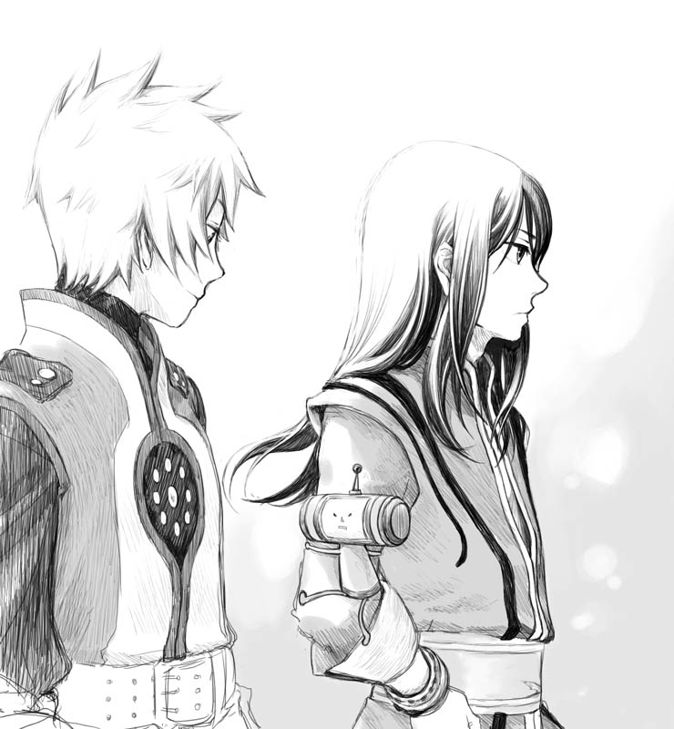 00s 2boys achiko-i armor bad_id bad_pixiv_id black_eyes black_hair bracelet crossover flynn_scifo gradient_background greyscale jewelry katamari_damacy long_hair male_focus monochrome multiple_boys namco tales_of_(series) tales_of_vesperia the_prince traditional_media white_background yuri_lowell