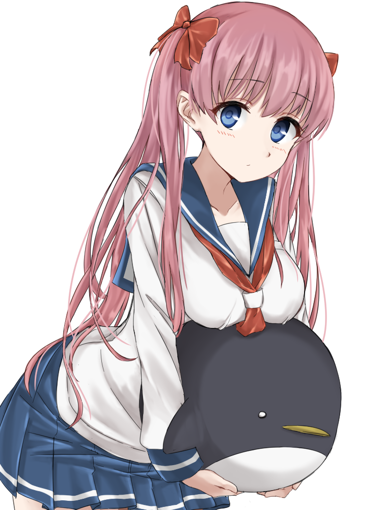 1girl bird blouse blue_eyes blue_skirt bow breasts closed_mouth commentary_request cowboy_shot etopen female_focus frown hair_bow hanging_breasts haramura_nodoka holding kiyosumi_school_uniform light_frown long_hair long_sleeves looking_at_viewer mahjong medium_breasts miniskirt neckerchief nomaru penguin pink_hair pleated_skirt red_bow red_neckerchief saki_(manga) school_uniform serafuku shirt simple_background skirt solo standing striped_clothes striped_skirt stuffed_animal stuffed_penguin stuffed_toy twintails white_background white_shirt