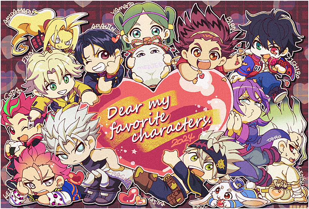 1girl 6+boys :d :o ;) ;d amidamaru asta_(black_clover) azuma_kazuma belt beyblade beyblade_x bikkuri-men black_clover black_hair blonde_hair brown_hair bucchigiri?! cap_kakumei_bottleman_dx character_name charisma_house chibi dated dr._stone emul_(shangri-la_frontier) facial_mark finn_oldman forehead_mark gekkan_mousou_kagaku green_eyes green_hair hairband headband heart heterochromia high_card holding holding_microphone hypnosis_mic ishigami_senkuu jacket kazami_bird kouga_kouta kouji. looking_at_viewer medjed_(fate) microphone multicolored_hair multiple_boys one_eye_closed open_mouth pouch purple_hair rabbit ragna_(ragna_crimson) ragna_crimson red_eyes red_hair sarukawa_kei shaman_king shangri-la_frontier sitting smile streaked_hair suzuki_j._tarou sweatdrop tomoshibi_arajin white_hair yakitate!!_japan yamada_ichiro yamato_(bikkuri-men)