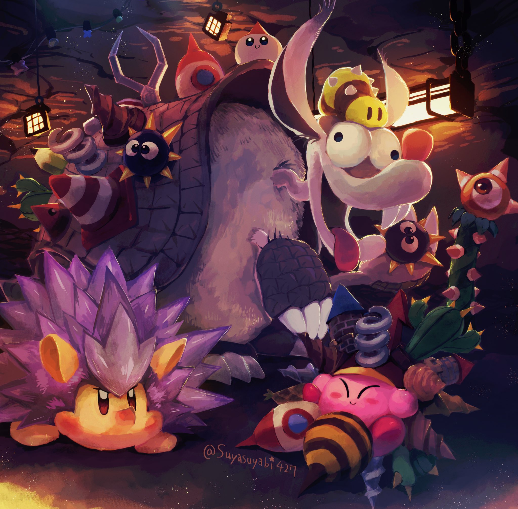 ^_^ armadillo buck_teeth cactus character_request closed_eyes closed_mouth clutter_needle_kirby colored_skin copy_ability cross-eyed gordo happy hedgehog highres jabhog kirby kirby_(series) kirby_and_the_forgotten_land lantern light_blush light_particles needle_kirby needlous nintendo no_humans open_mouth pink_skin plant potted_plant red_footwear rocket shoes sillydillo sitting smile suyasuyabi teeth tongue totenga traffic_cone twitter_username underground