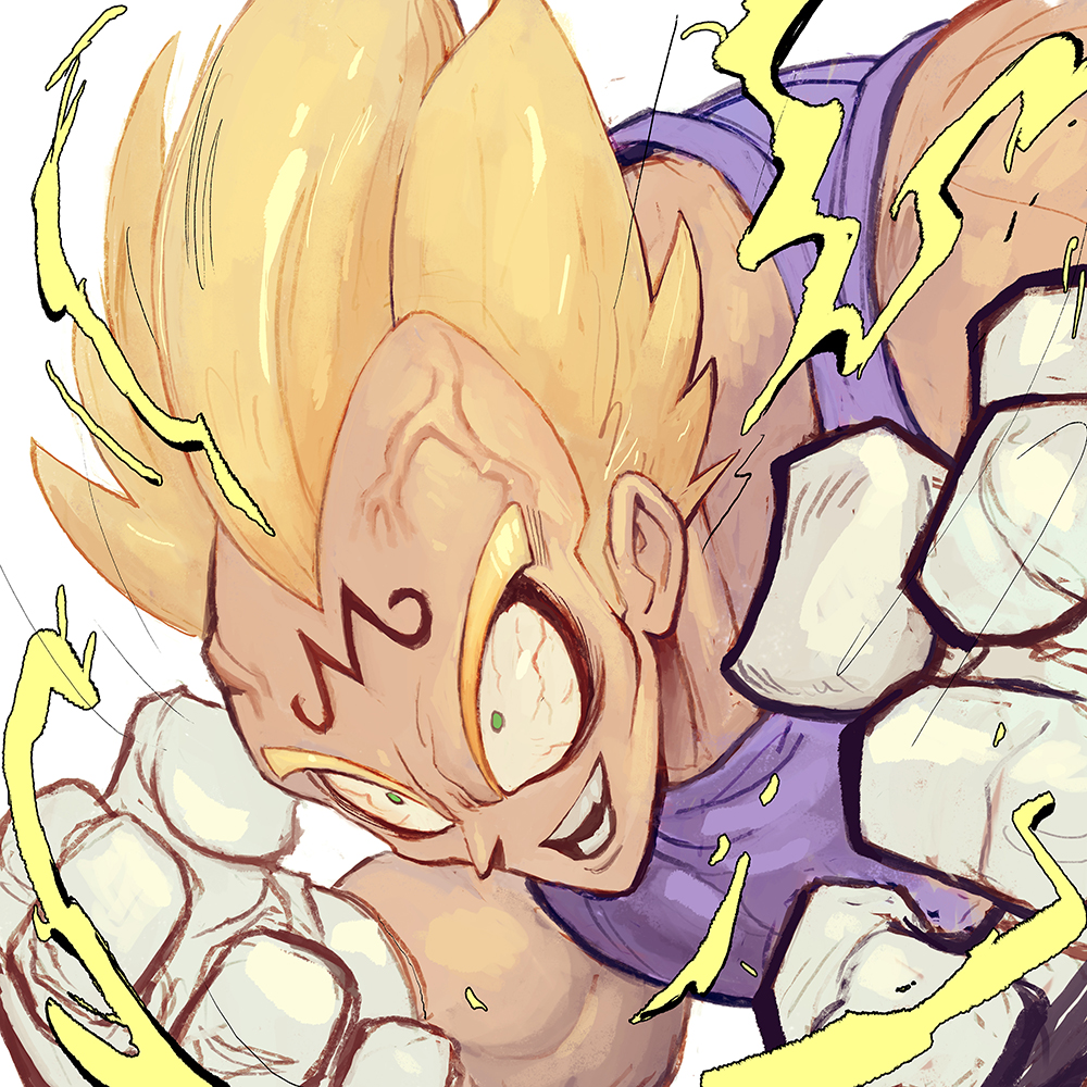 1boy aura blonde_hair bloodshot_eyes blue_jumpsuit close-up crackling_energy dragon_ball dragonball_z evil_smile facial_mark forehead_mark garrett_hanna gloves green_eyes hunched_over jumpsuit majin_vegeta male_focus muscular muscular_male open_mouth sleeveless smile solo spiked_hair super_saiyan super_saiyan_2 vegeta veins white_gloves widow&#039;s_peak
