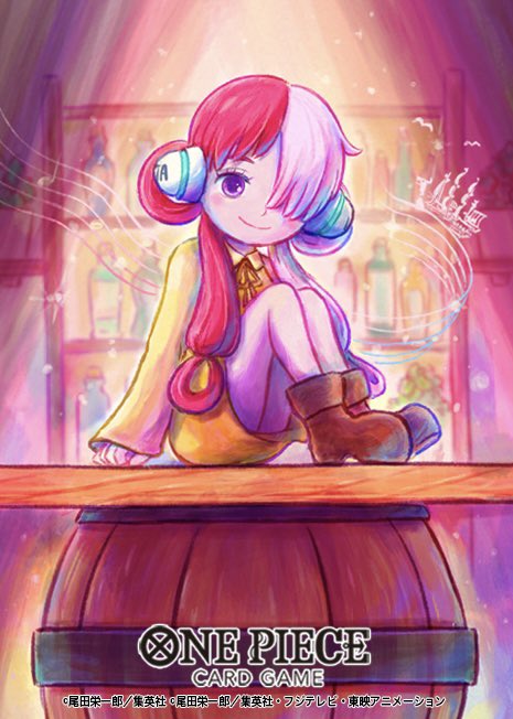 1girl aged_down barrel boots brown_boots commentary_request copyright_name dress hair_over_one_eye headphones looking_at_viewer multicolored_hair musical_staff official_art on_table one_piece one_piece_card_game one_piece_film:_red purple_eyes red_hair ship smile solo sowsow table twintails two-tone_hair uta_(one_piece) watercraft white_hair yellow_dress
